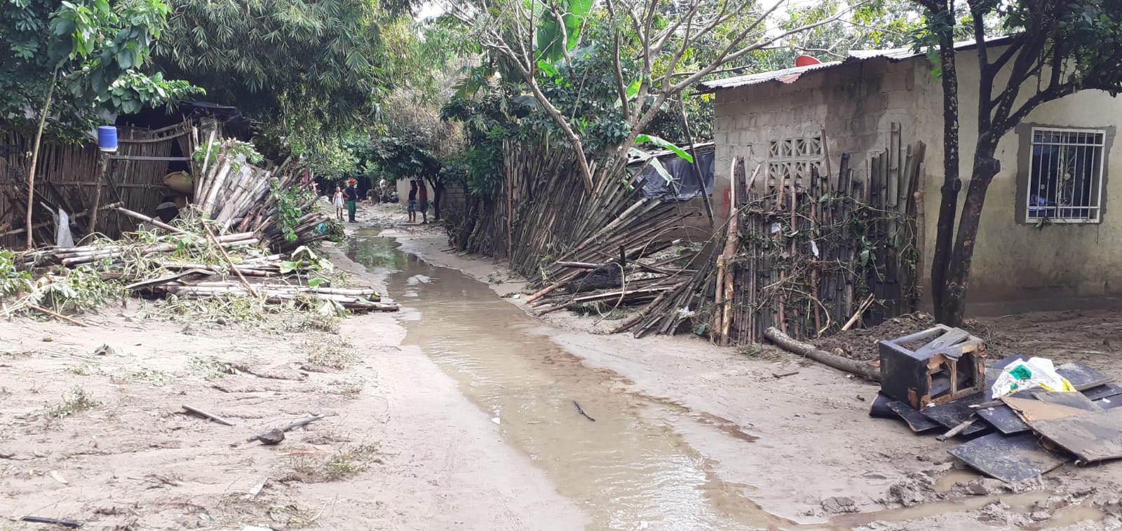 Calle inundada y con barro, con casas sobre la via